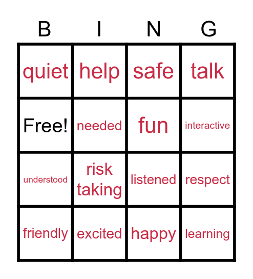 How I want to feel in this class Bingo Card