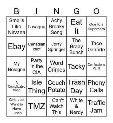 Weird Al Songs Bingo Card
