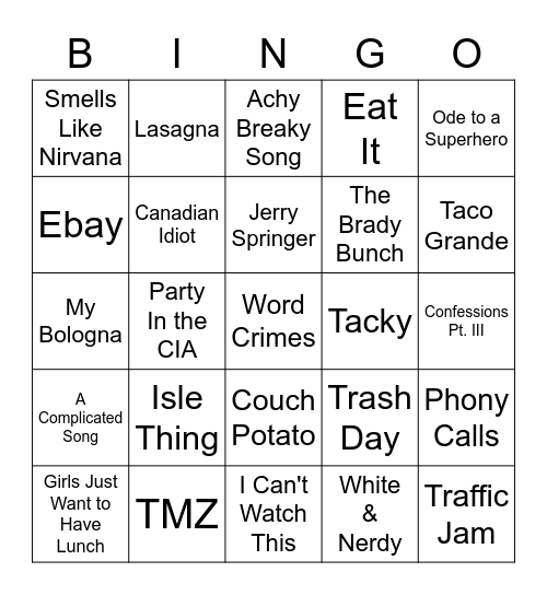 Weird Al Songs Bingo Card