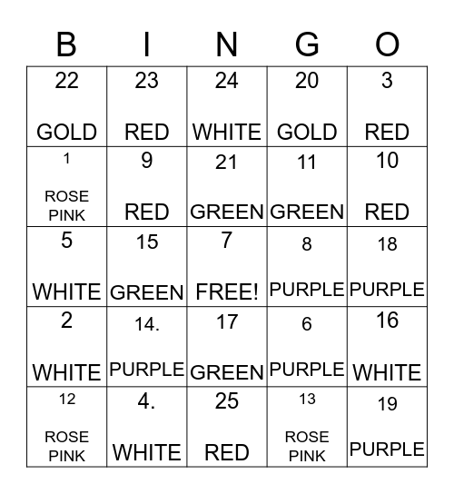 Liturgical Colors   Bingo Card