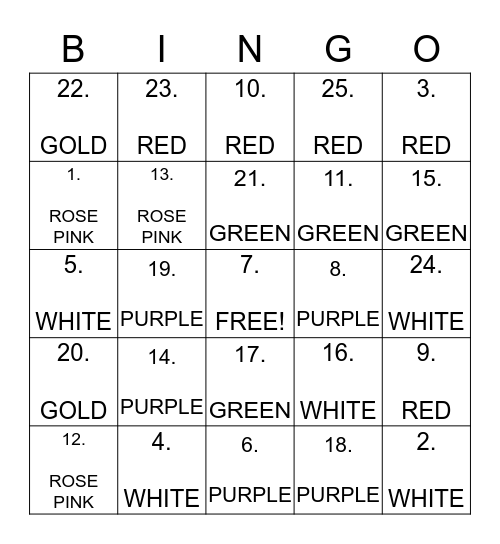 Liturgical Colors   Bingo Card