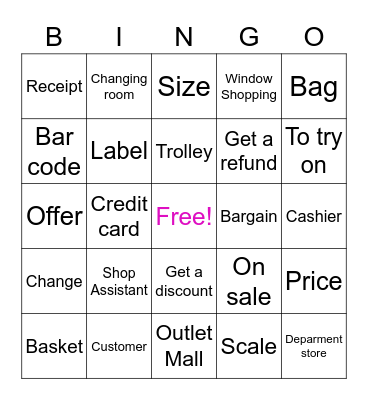 SHOPPING VOCABULARY Bingo Card