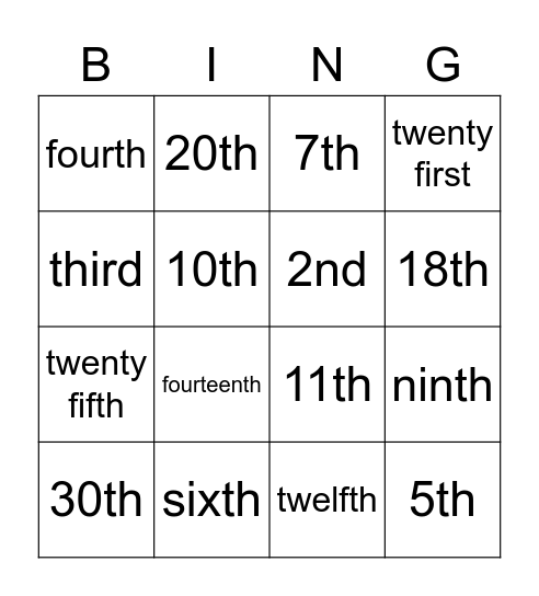 Ordinal Number Bingo Card