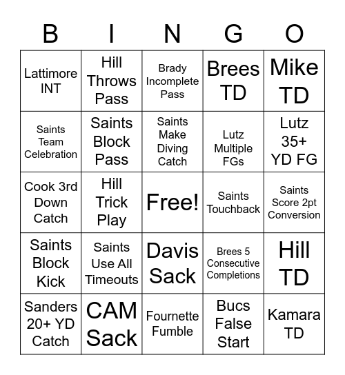 Saints Vs Bucs Bingo Card