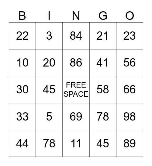 numeros Bingo Card