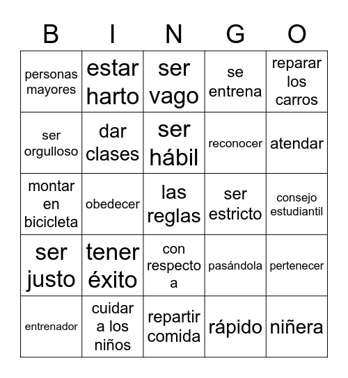 Vocabulario Unidad 1 Bingo Card