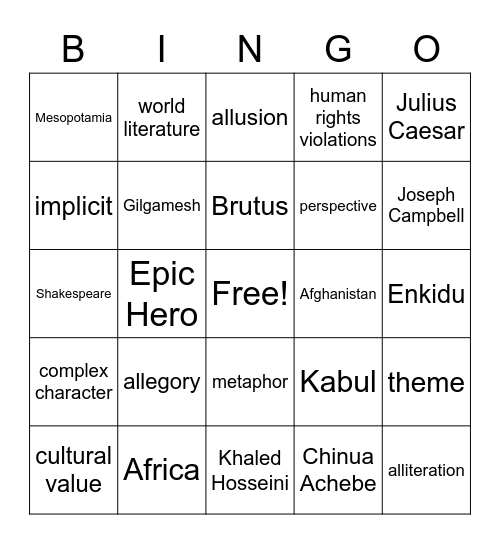 English 10 Bingo Card