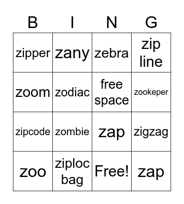 z word bingo! Bingo Card