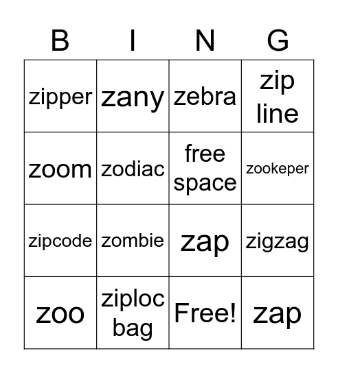 z word bingo! Bingo Card
