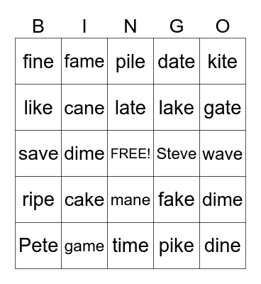 Magic E! Bingo Card