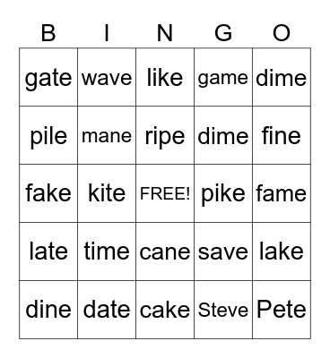 Magic E! Bingo Card