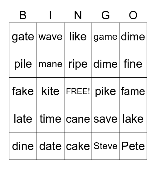 Magic E! Bingo Card