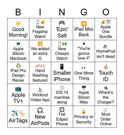 Apple Sept 2020 Announcement Bingo Card