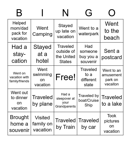 Vacation Bingo Card