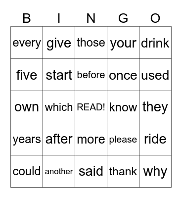 4th Grade Sight Words Bingo Card
