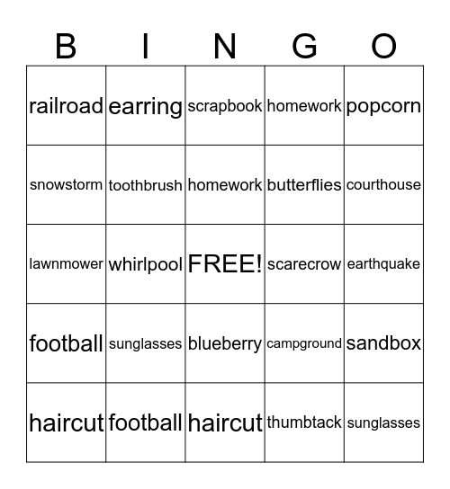 Hennessy's Words 11/3/14 Bingo Card