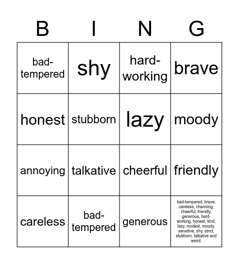 Personality Bingo Card