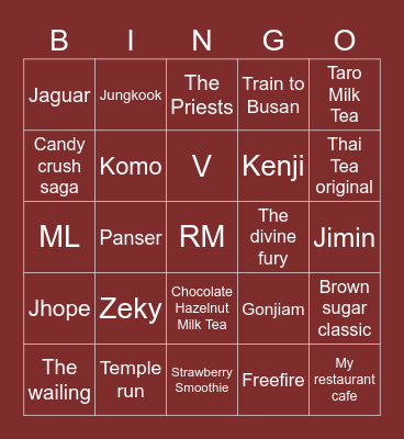 𝒁𝒊𝒚𝒐𝒖𝒏𝒈 Bingo Card