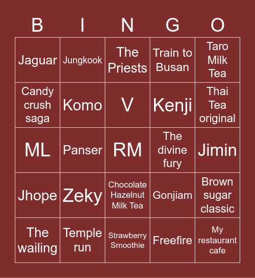 𝒁𝒊𝒚𝒐𝒖𝒏𝒈 Bingo Card