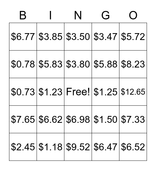 Money Bingo Card