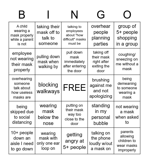 Going to the store Bingo Card