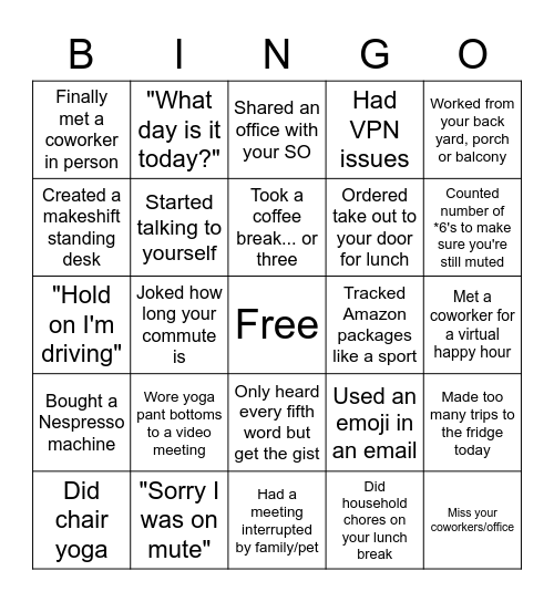 Remote Work Bingo Card