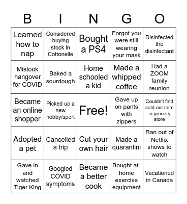 Quarantine Bingo Card