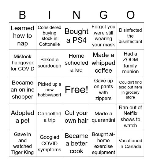 Quarantine Bingo Card