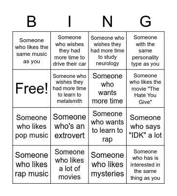 6th Hour Get To Know You Bingo Card