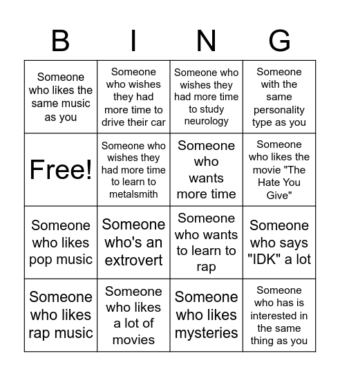 6th Hour Get To Know You Bingo Card