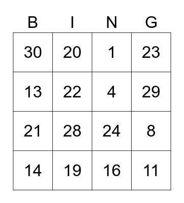 Numeros 1-31 Bingo Card