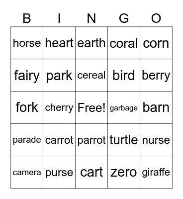 medial R Bingo Card