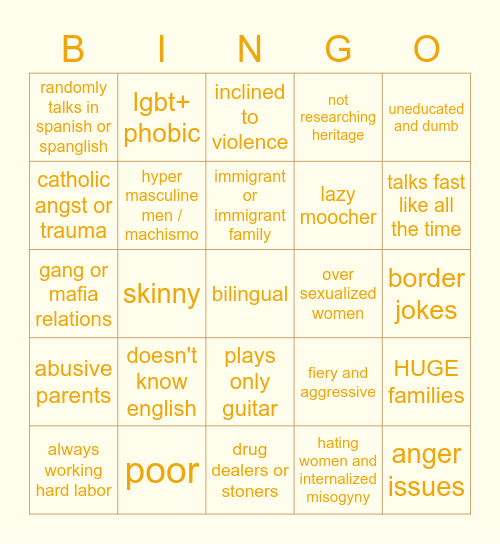 are you making racist hispanic/latinx characters or nah Bingo Card
