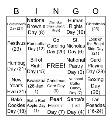 Holidays, Special and Wacky Days of December 2014 Bingo Card