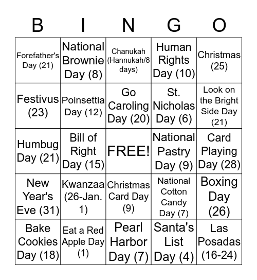 Holidays, Special and Wacky Days of December 2014 Bingo Card