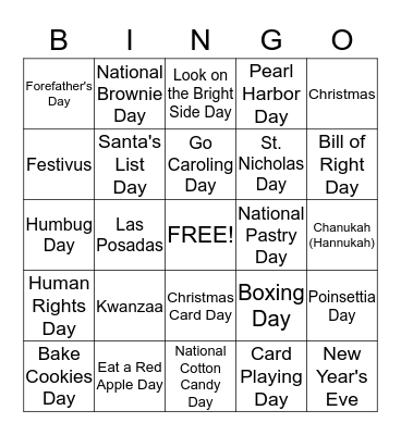 Holidays, Special and Wacky Days of December 2014 Bingo Card