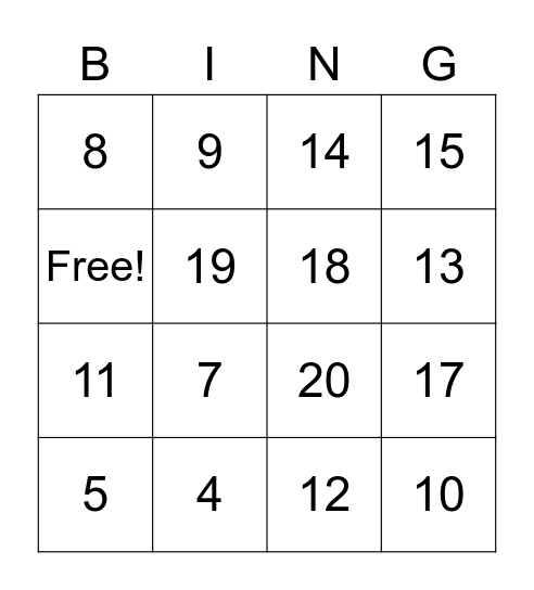 Addition Math Bingo Card