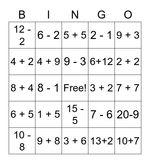 Math Problem Bingo Card