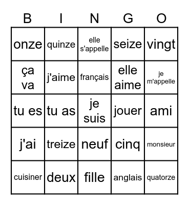 Beginning French #1 Bingo Card