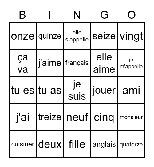 Beginning French #1 Bingo Card