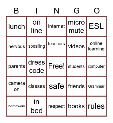 Online Clesses Bingo Card