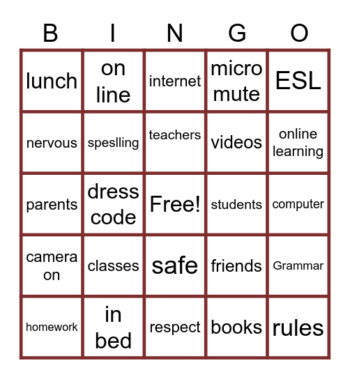 Online Clesses Bingo Card