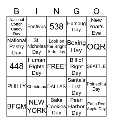 Holidays, Special and Wacky Days of December 2014 Bingo Card