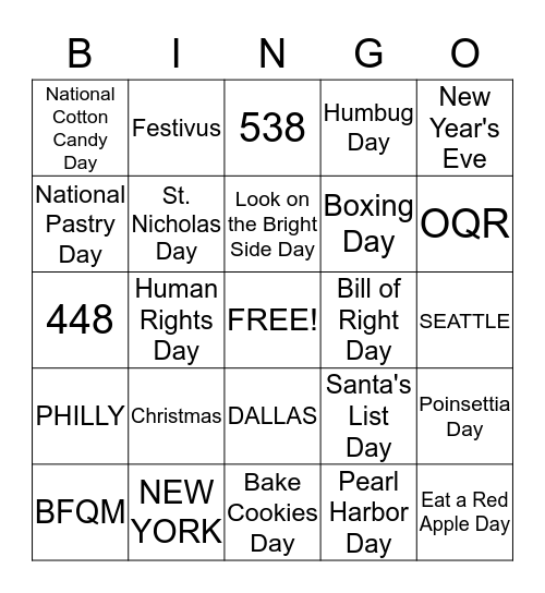 Holidays, Special and Wacky Days of December 2014 Bingo Card