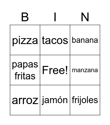 Comida Bingo Card