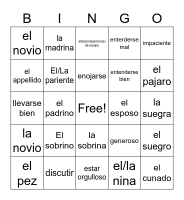 Spanish Bingo Card
