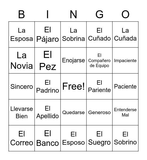 7.2 Vocabulario Bingo Card