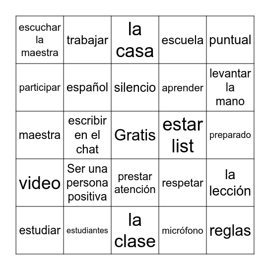 Las reglas de la clase virtual Bingo Card