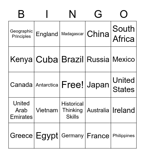 World Geography Bingo Card