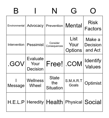 Unit 1 Health Physical Wellness Review Bingo Card